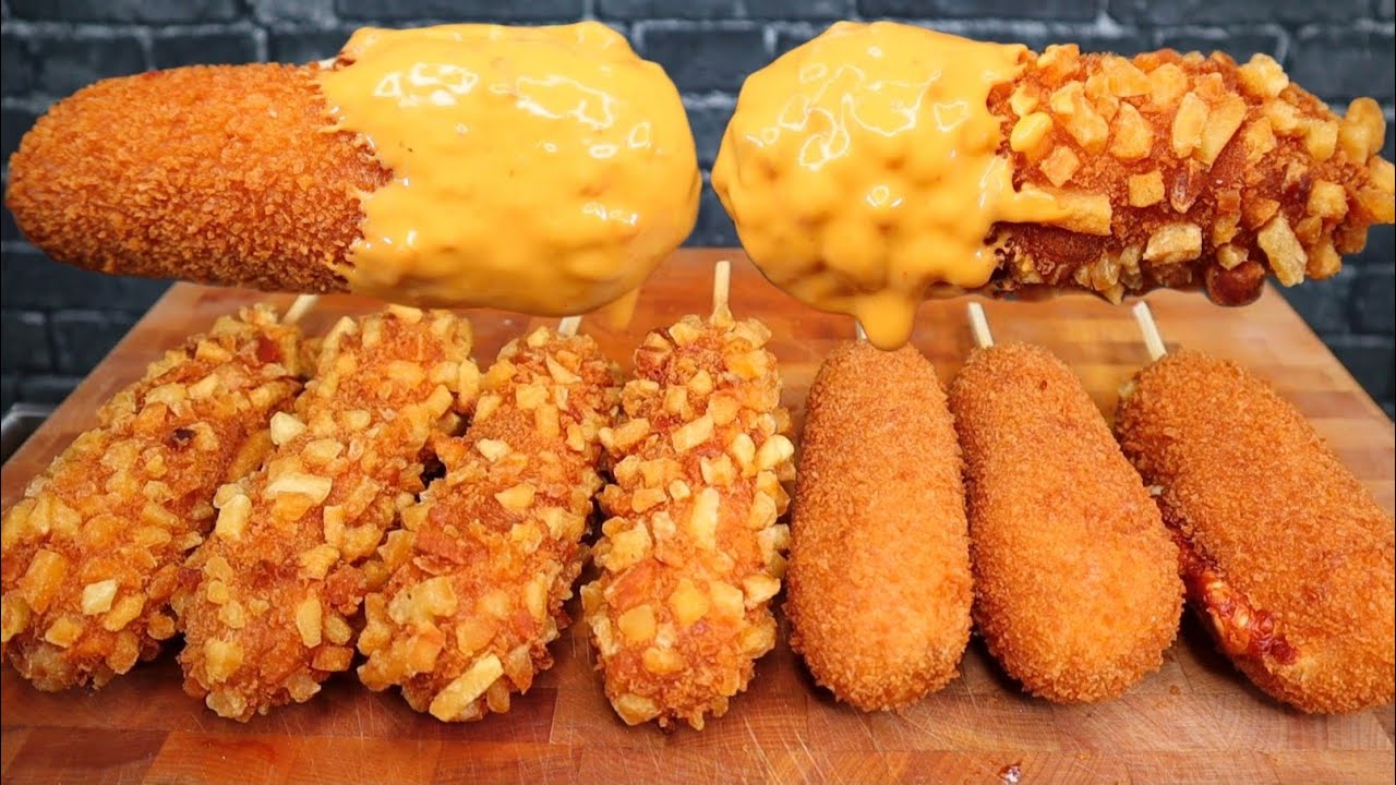 ASMR KOREAN CORN DOGS WITH EXTRA CHEESE SAUCE MUKBANG