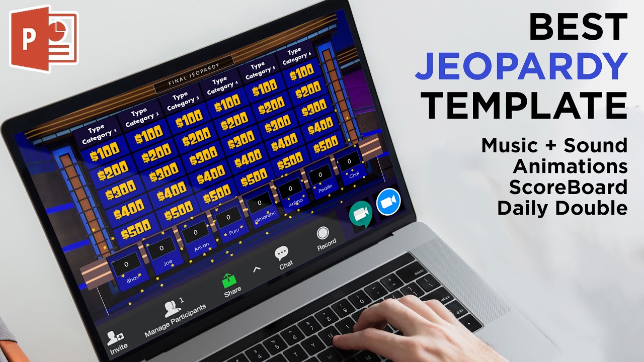 Jeopardy PowerPoint Game - Daily Double, Timer, 8 Scoreboard, Music & Sound Effects