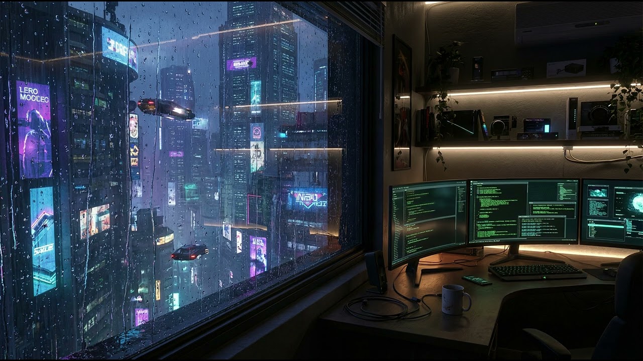 Cyberpunk City Rain Sounds | Neon Ambience for Coding | Música para Programar