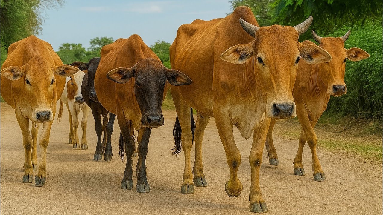 Kawanan lembu berjalan, kerumunan sapi warga melewati sawah pulang menuju kandang peternakan