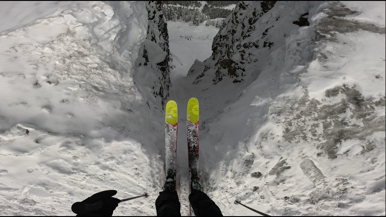 skiing cliffs and chutes on a pow day at kirkwood