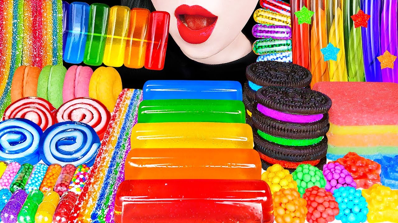 ASMR RAINBOW DESSERTS KOHAKUTO SNACK JELLY 무지개 건반젤리, 레인보우 마시멜로우, 마카롱, 로프젤리, 오레오 먹방 EATING MUKBANG