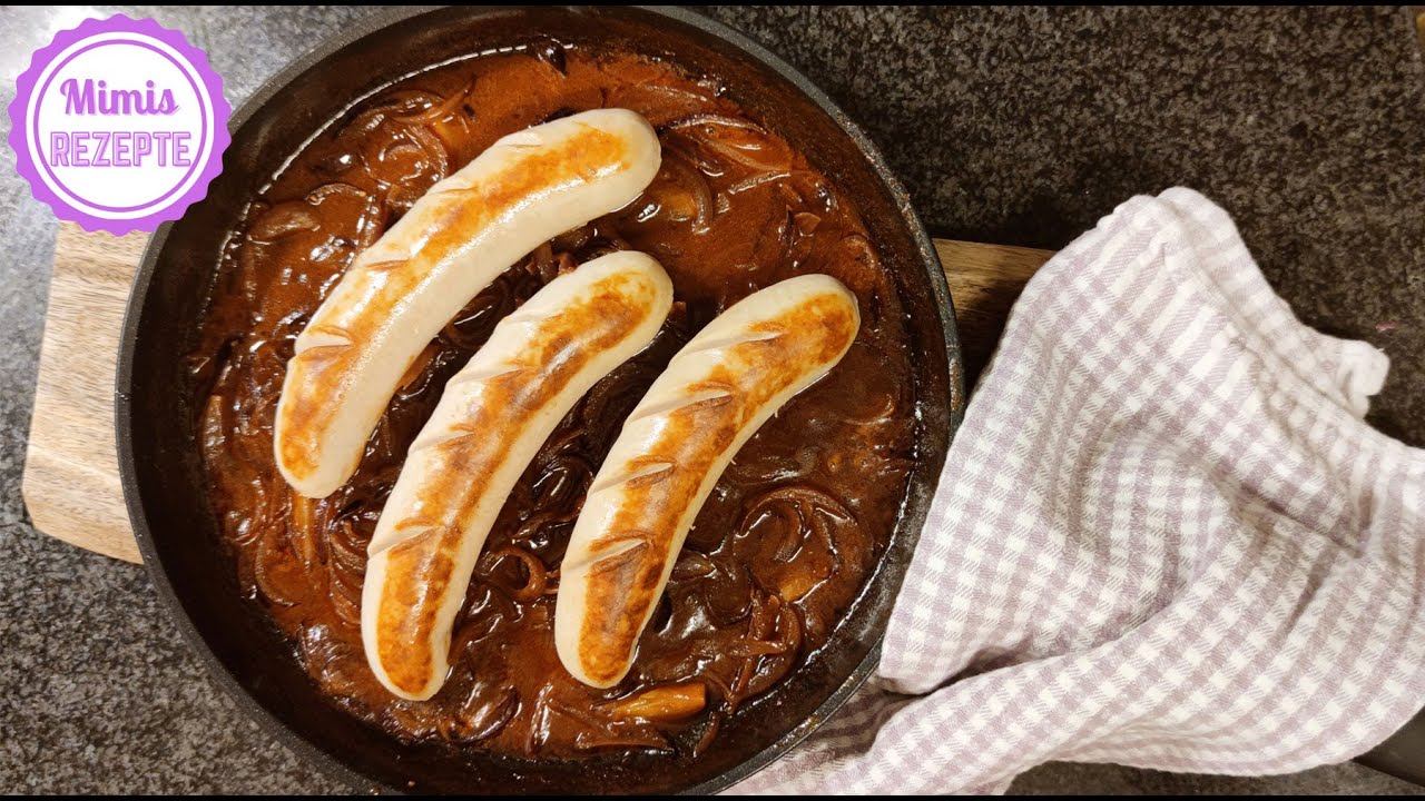 Bratwurst mit Zwiebelsauce (Zwiebel-Braten-Sauce) Kalbsbratwurst- Rezept / Schweizer Klassiker