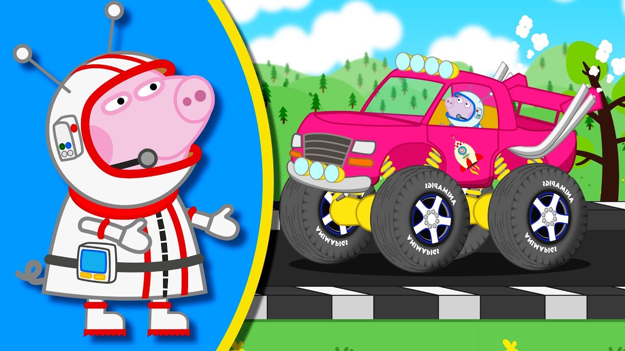 Learn Colors with Cosmonaut Pigs on Monster Truck Color Cars For Toddlers