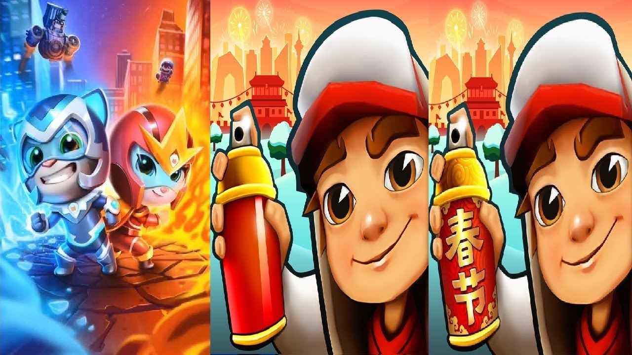 Talking Tom Gold Run New Update Unicorn Angela VS Subway Surfers Beijing VS Chinese Version Gameplay