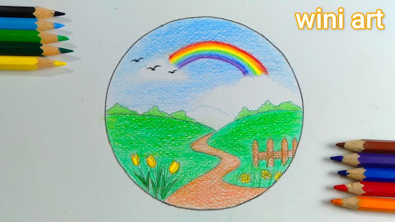 رسم سهل كيوت  | تعلم رسم منظر طبيعي  لفصل الربيع  كيوت سهل بالالوان الخشبية  خطوة بخطوة للمبتدئين |