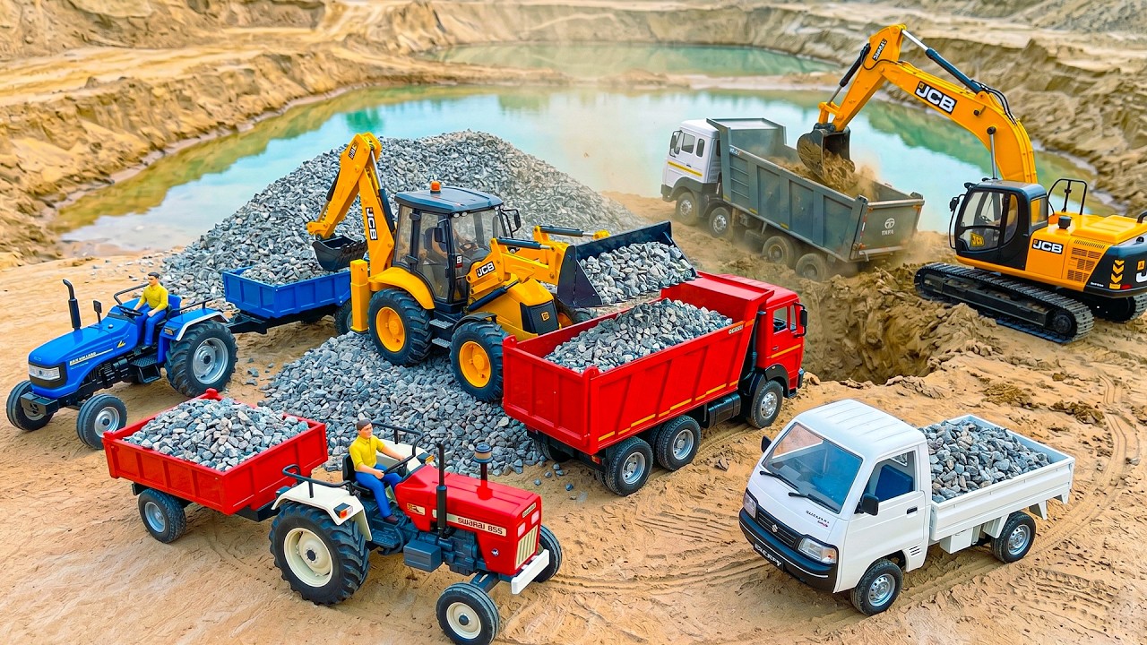 JCB 5CX Fully Loading Stone Sand Mud Mahindra Swaraj Tractor Tipper Accident Pulling Jcb Crane