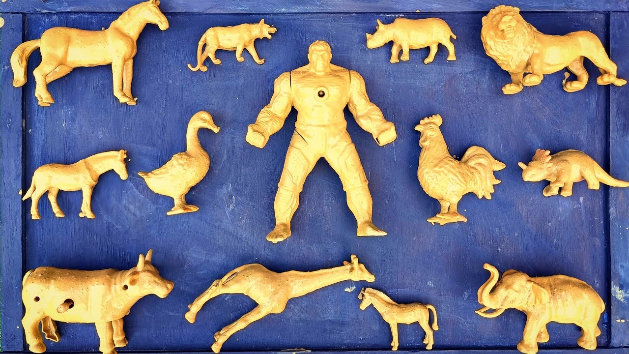 Cleaning toy animals tiger, lion, elephant, horse, cow, hulk, hen, duck, giraffe, zebra, dinosaur