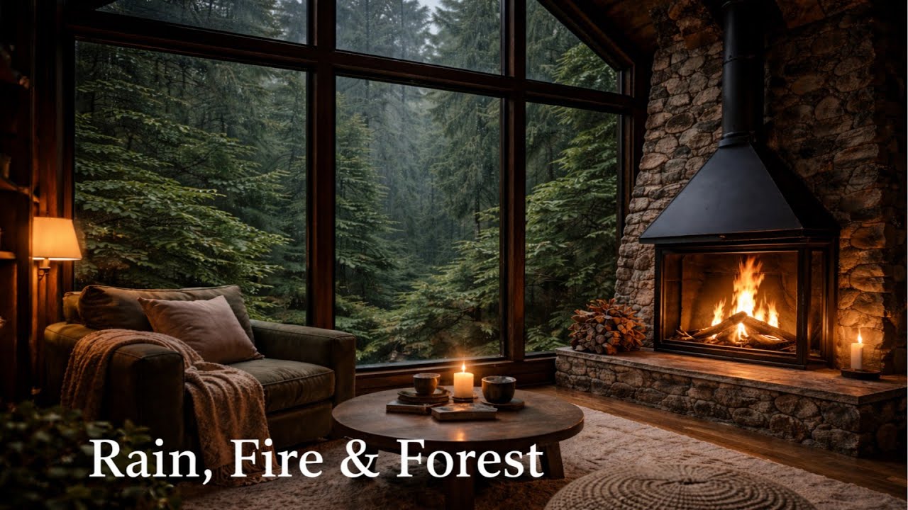 4 Hours Rain, Fire & Forest Ambience 🌧️🔥🌲 | Cozy Cabin Sounds in the Woods | 4K