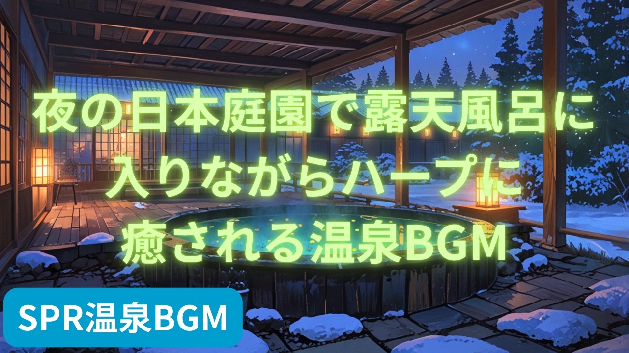 夜の日本庭園で露天風呂に入りながらハープに癒される温泉BGM | Relaxing Harp Onsen BGM in a Japanese Garden at Night