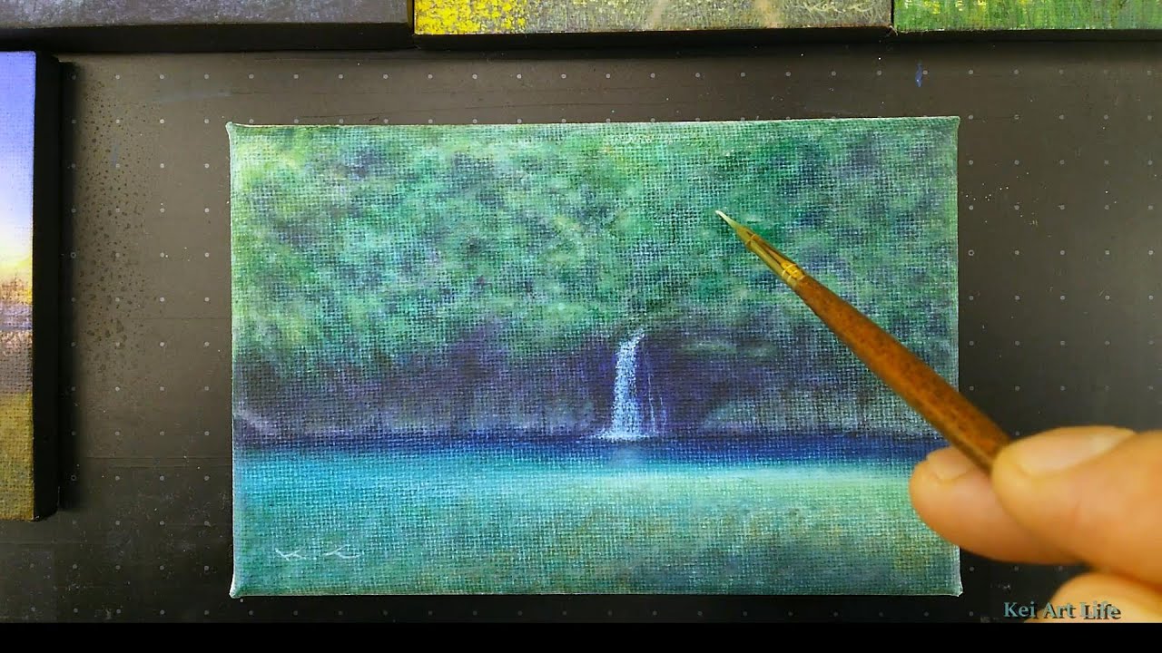 【すぐに飾れる】アクリル絵の具で描く風景画『滝』ミニキャンバスアート｜#49