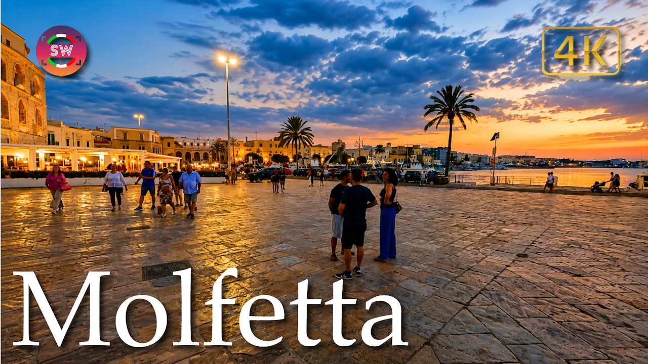 Molfetta at dusk (Puglia), Italy【Walking Tour】History in Subtitles - 4K