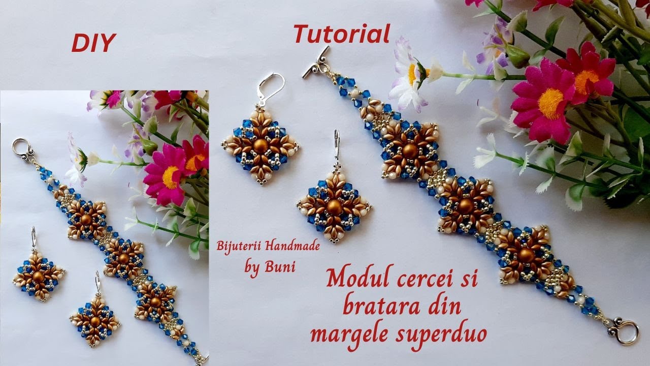 DIY Modul cercei/bratara din margele cu  superduo, cristale si cabochon/ beaded earrings tutorial