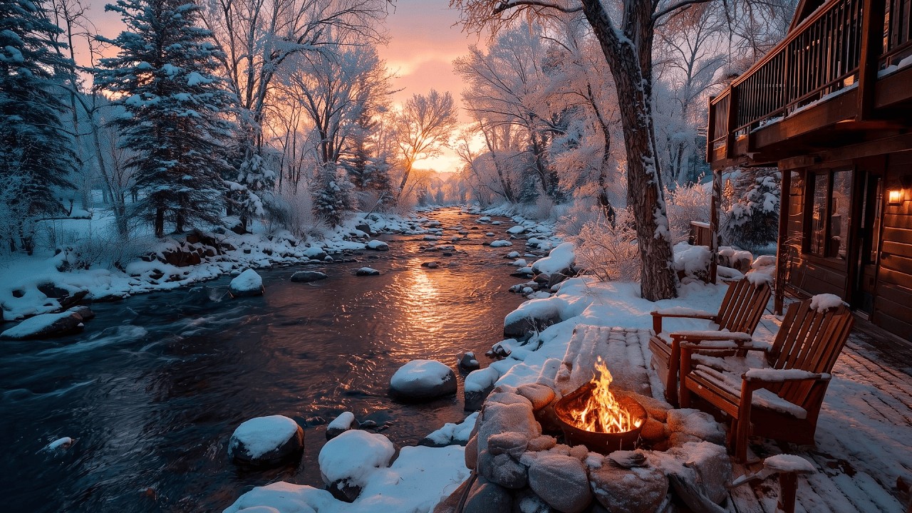 Why This Winter Sunset Riverside Cabin Porch Campfire & Nature Sounds Feels So Peaceful