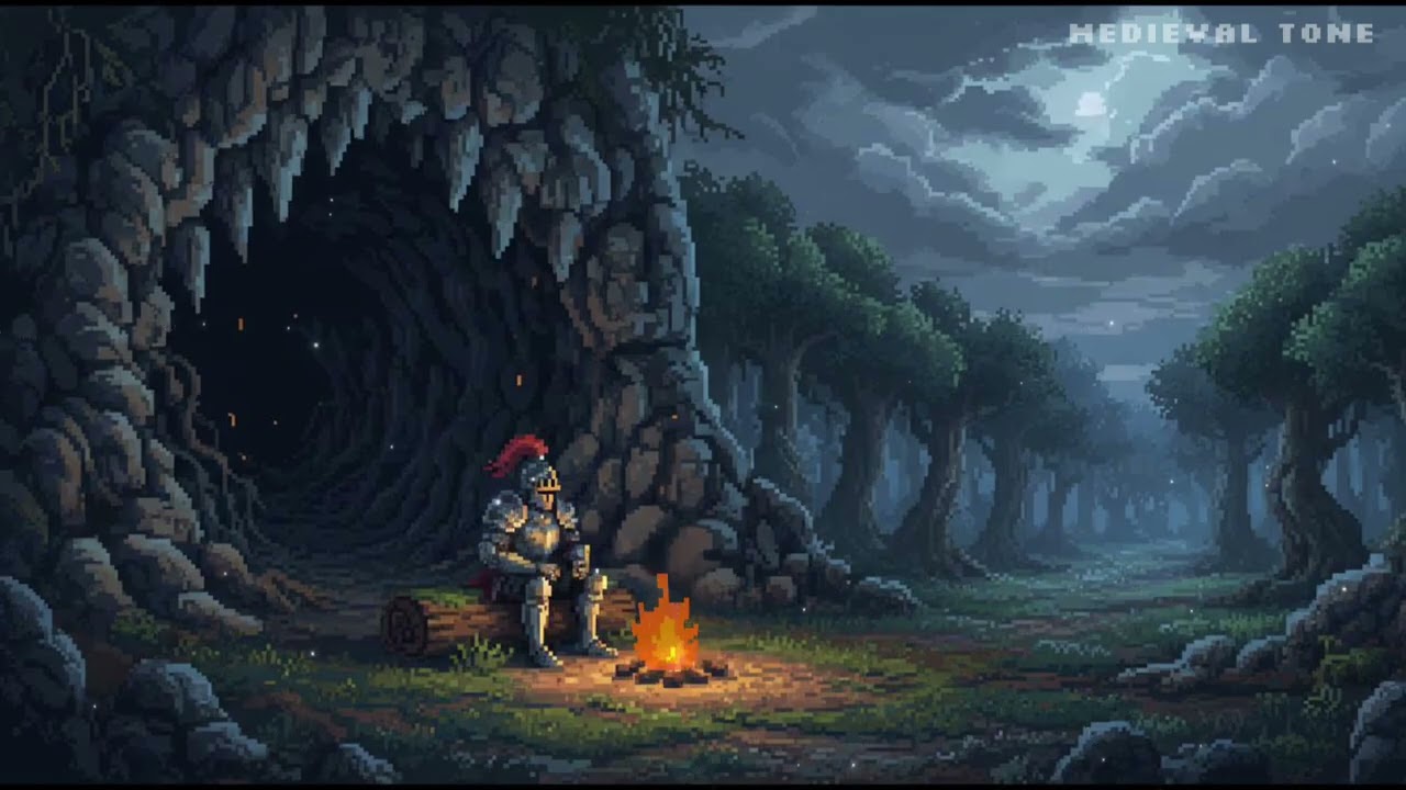 Lonely Knight Campfire in Moonlit Forest | Medieval Ambience for Relaxation & Focus