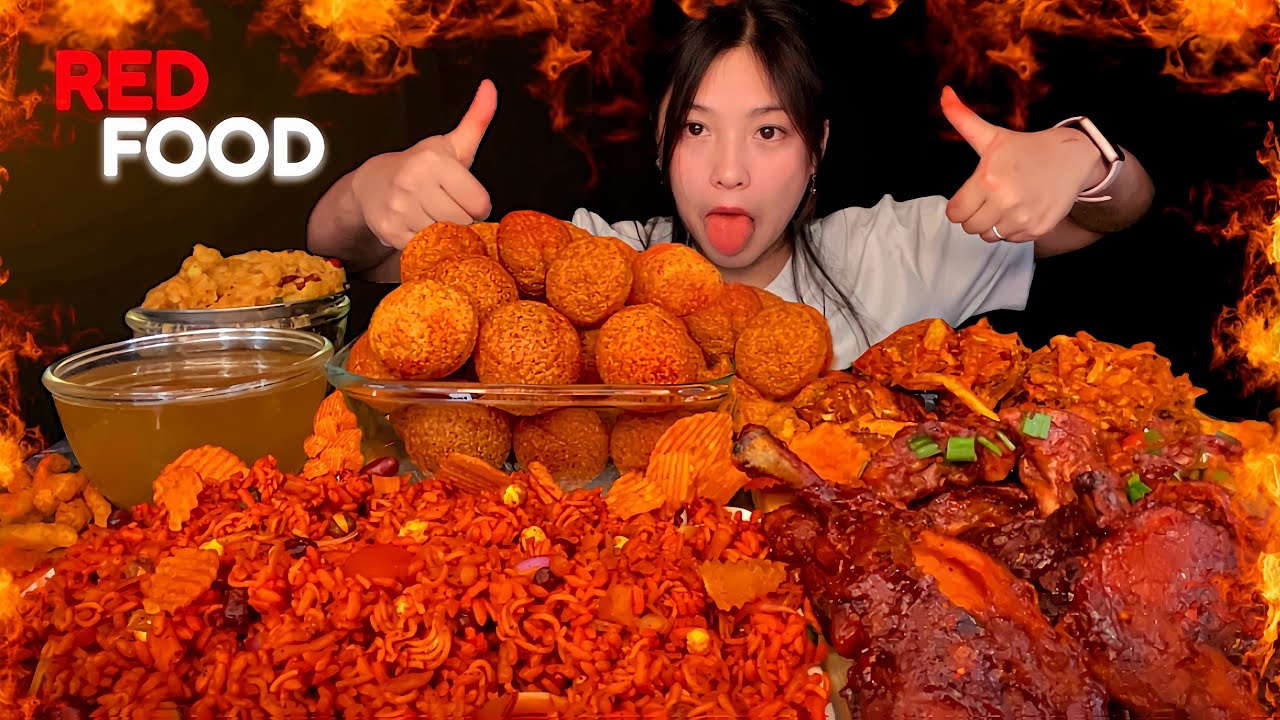 RED FOOD MUKBANG🥵| Spicy Gilo Chatpatey & Panipuri Ever With Chicken Lolipop, Chilly Momo & Pakoda |