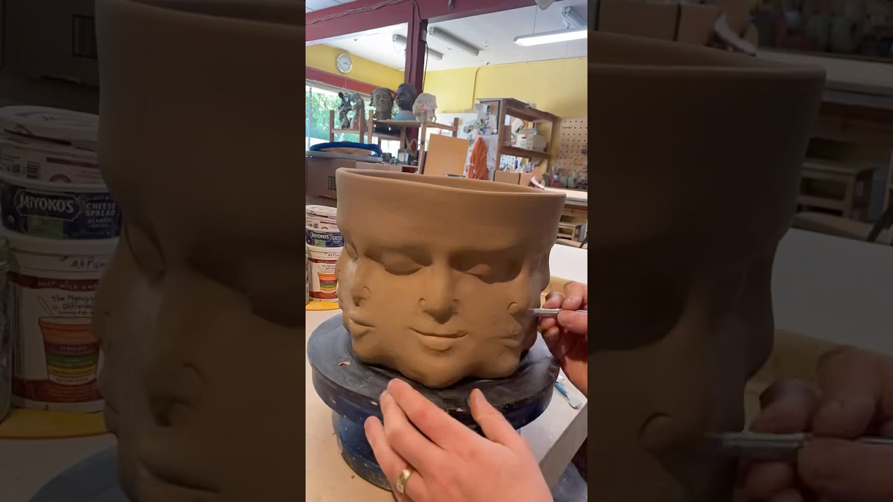 Sculpting and glazing an 8 face planter pot. #thepot #pottery #planter #sculpting #arttimelapse