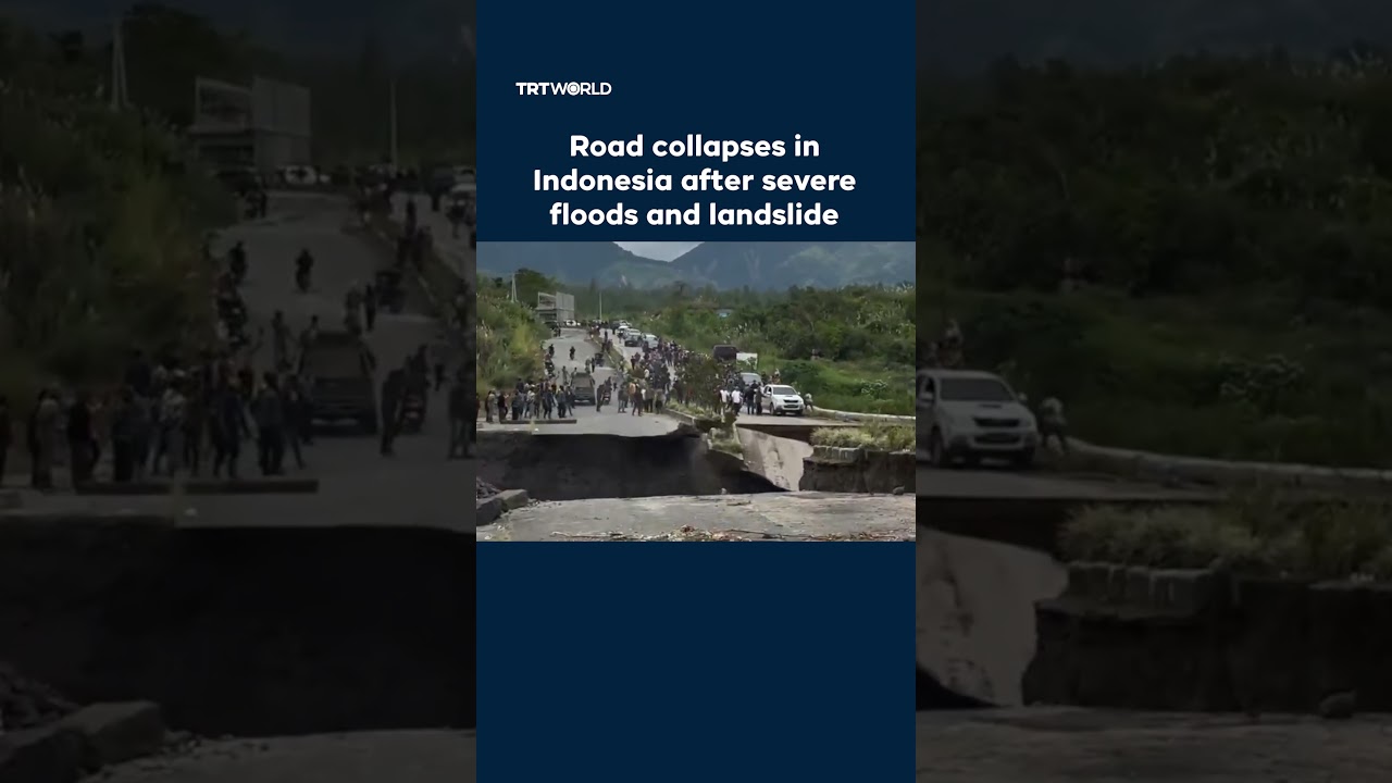 Road collapses in Indonesia after severe floods and landslide