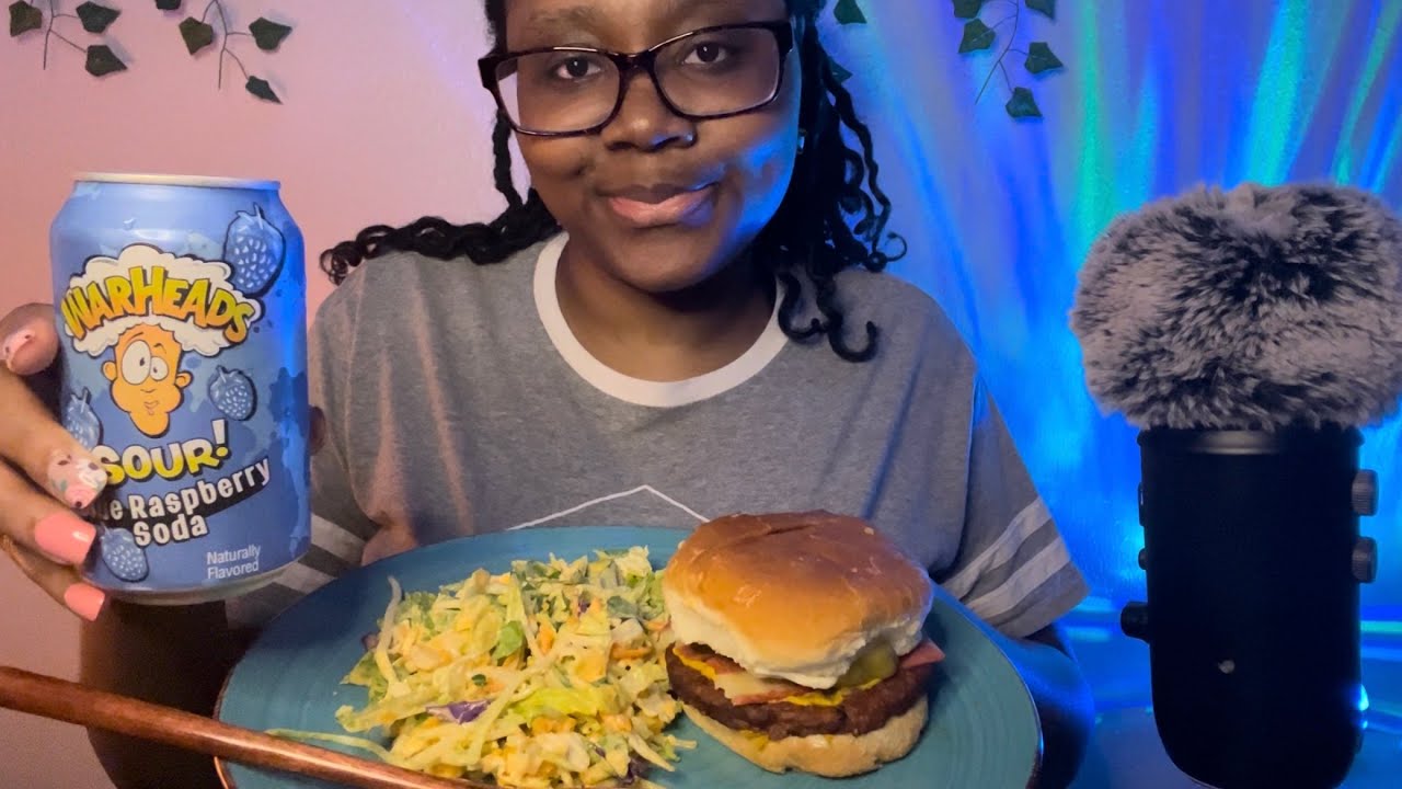 asmr eating ~ spicy black bean burger, buffalo ranch salad and sour blue raspberry soda (whispered)