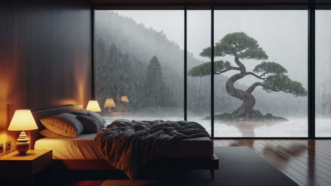 ​Rainy Night in a Modern Zen Bedroom | Gentle Rain on Window for Insomnia Relief