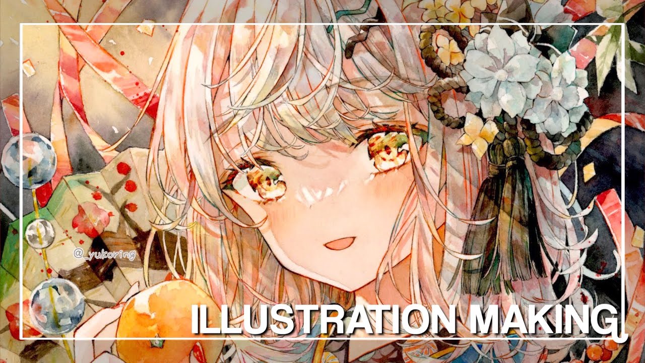 【下絵から完成まで】アナログで描くお正月の着物の女の子｜Watercolor painting｜透明水彩イラスト
