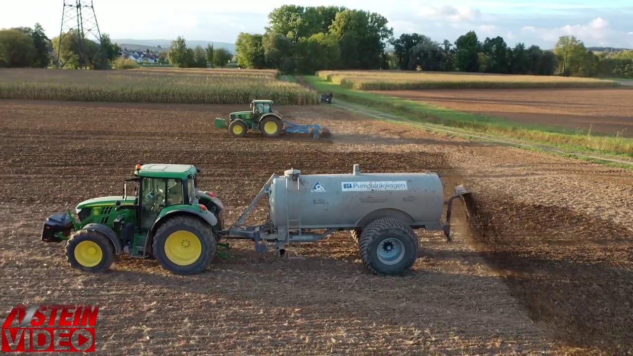 Ausbringung von Gärresten mit John Deere 6130M und Einarbeitung mit JD 6830 und 3m Saphir Grubber