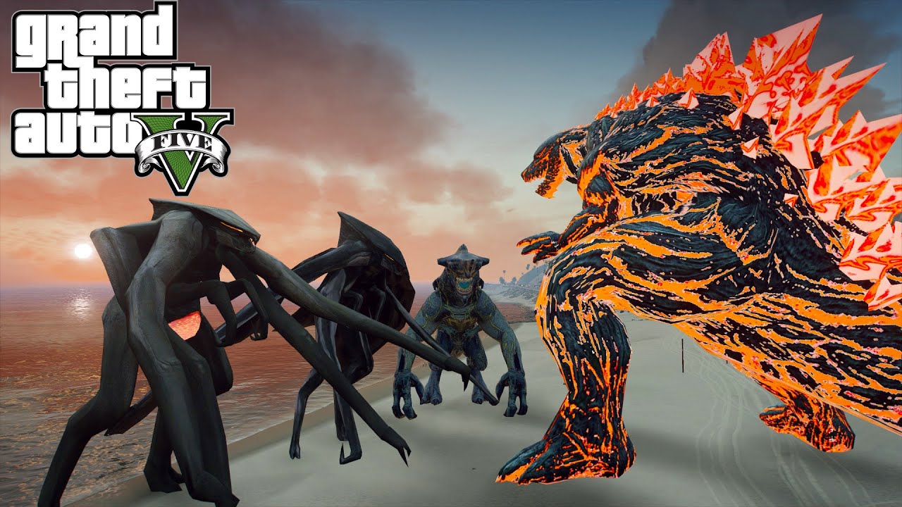 Godzilla Earth vs Muto and Knifehead Kaiju - GTA V Mod Gameplay