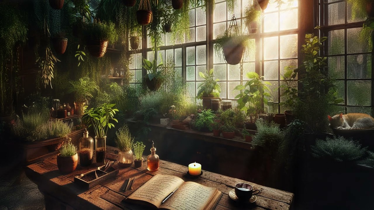Enchanted Greenhouse Morning ☀️ Cozy Cat, Coffee & Fantasy Violin Piano | Relaxing Study Ambience