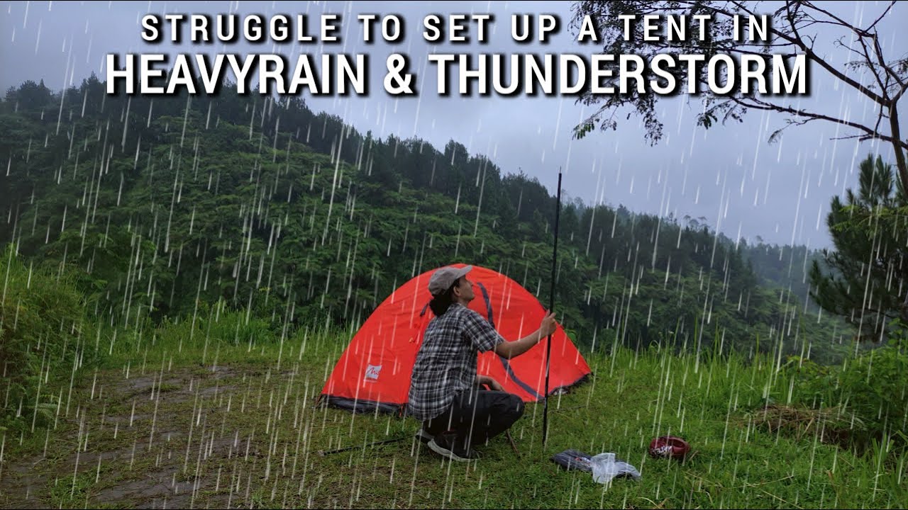 SOLO CAMPING IN RAINSTORM - SETTING UP A TENT IN THE RAIN - RELAX & SLEEP WITH SOUND OF RAIN - ASMR