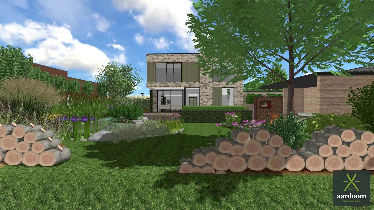 Duurzame tuin met natuurlijke balans en zwemvijver.