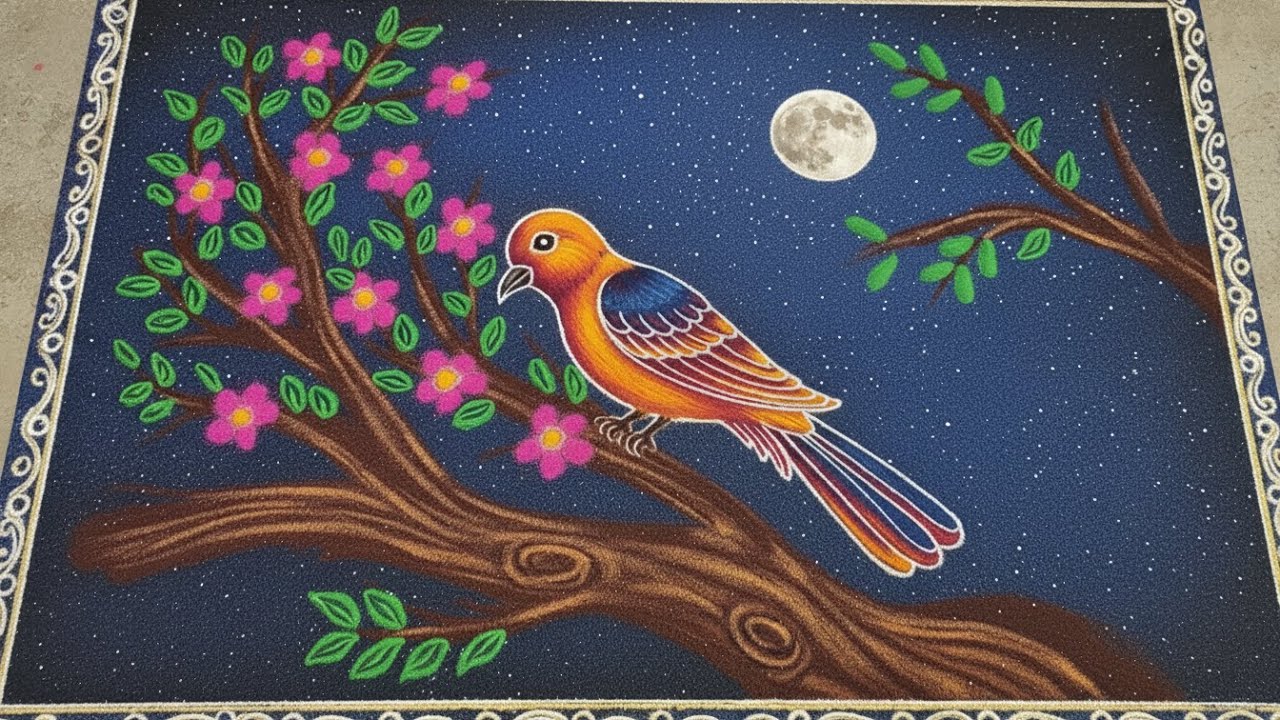 Easy Bird Rangoli with Scenery 🐦🌸 | Simple & Beautiful Rangoli Art