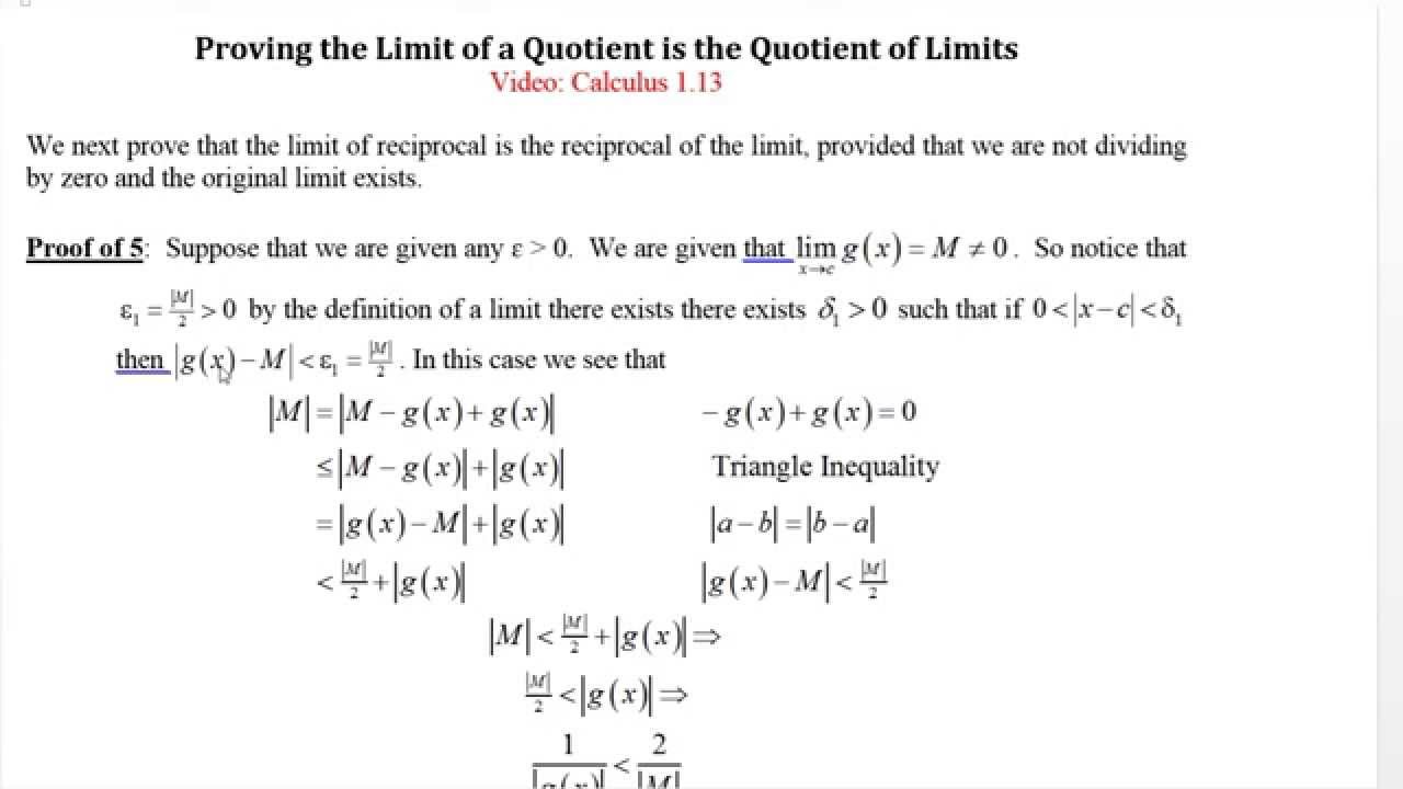 Calculus 1 13 Proving Limit of a Quotient