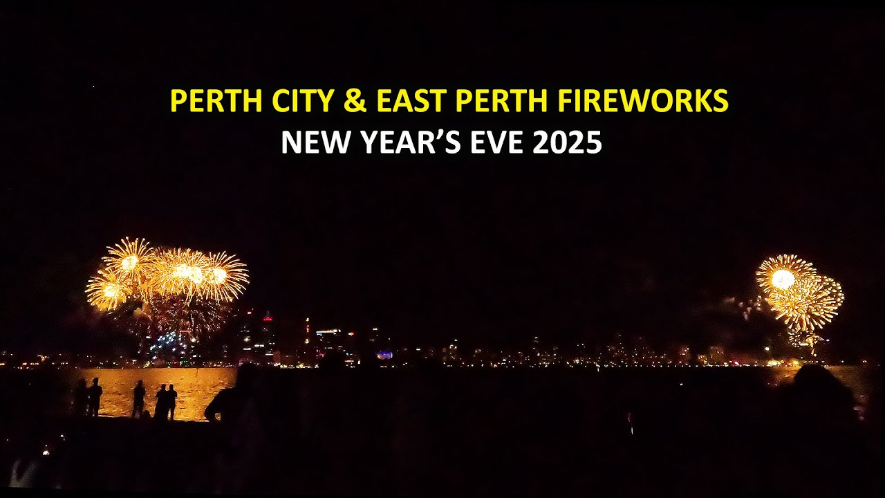 New Year's Eve 2025 Midnight Fireworks, Perth, Australia, View from Swan River South Perth