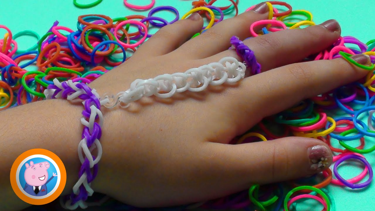 Como fazer Pulseira de elástico ligada em anel de elástico. Rainbow Loom Tudo colorido! Pig Boss Toy