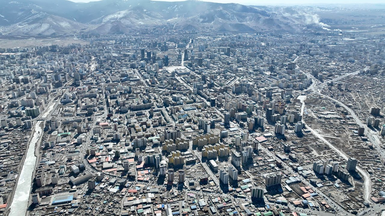 One day in Mongolia. Drone footages of Ulaanbaatar city. From east 4 roads to Ulaan Huaran district