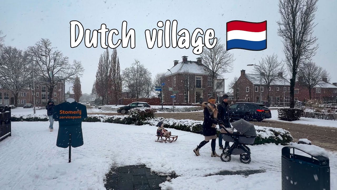 🇳🇱 Walking in 4K through cute Dutch village in snow, DRONE shot's included