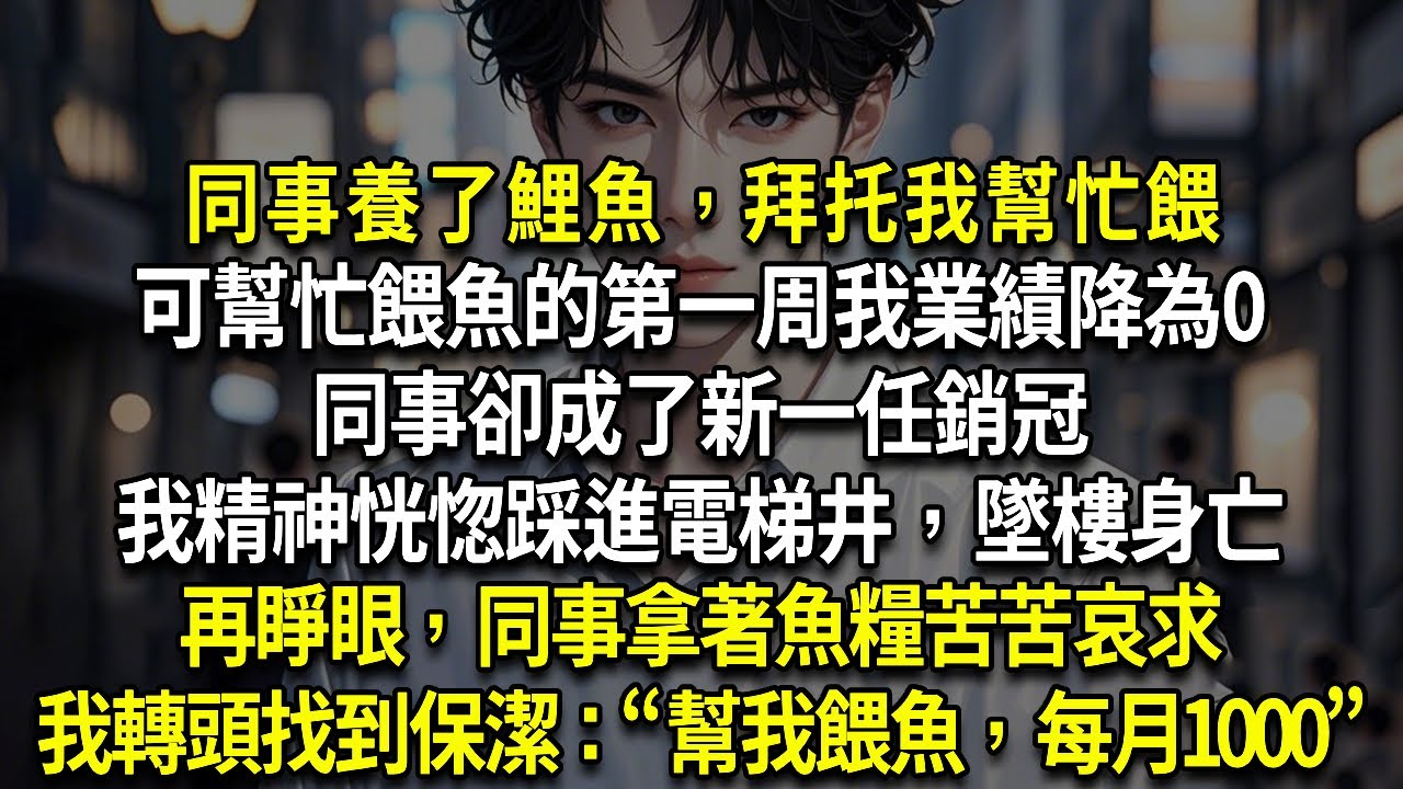 同事養了鯉魚，拜托我幫忙餵可幫忙餵魚的第一周我業績降為0同事卻成了新一任銷冠我精神恍惚踩進電梯井，墜樓身亡再睜眼，同事拿著魚糧苦苦哀求我轉頭找到保潔：“幫我餵魚，每月1000”