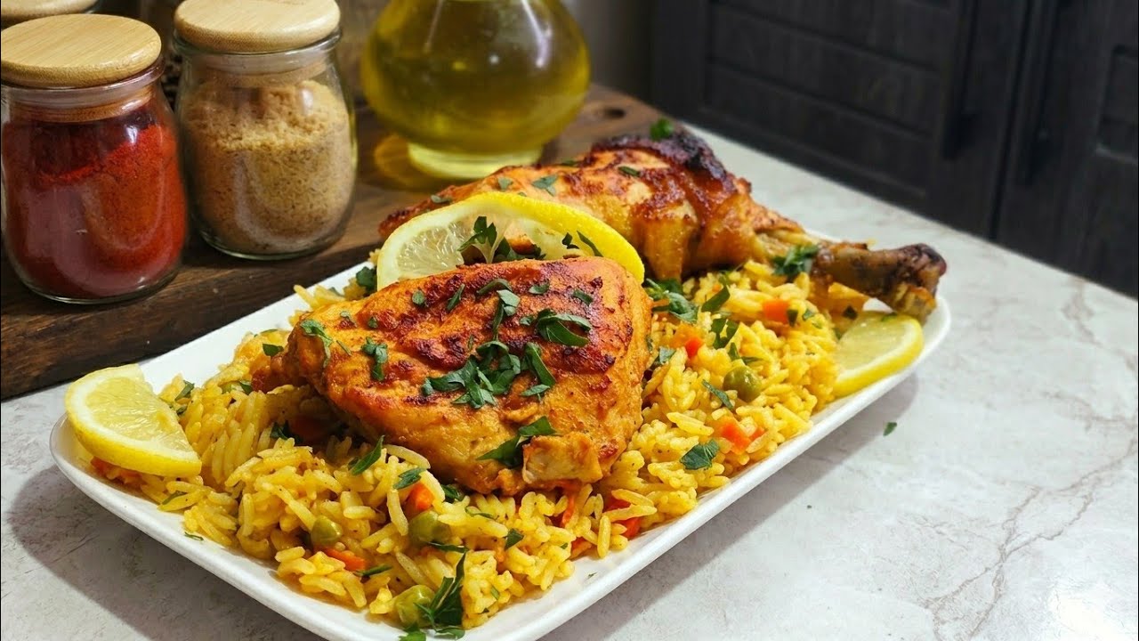 هذا واش يليق في رمضان ♥️أرز بالخضر مع دجاج محمر في الفرن 😍 وصفة سهلة و سريعة