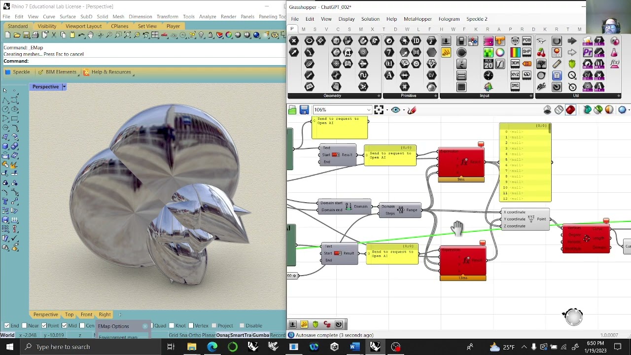 Using ChatGPT in grasshopper to create geometries with the expression node and three variables.