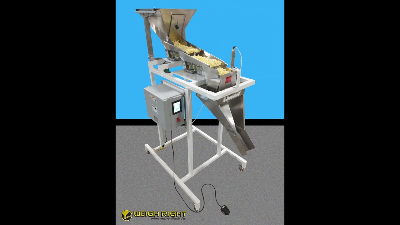 Weigh Right, iQ-1E, scale with infeed conveyor packaging popcorn