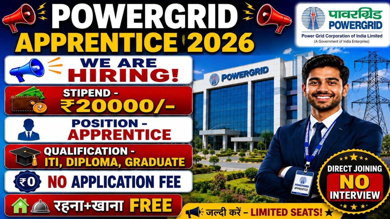 POWERGRID Apprentice Recruitment 2026 | ITI, Diploma, Graduate Freshers Jobs | ₹20,000 Stipend