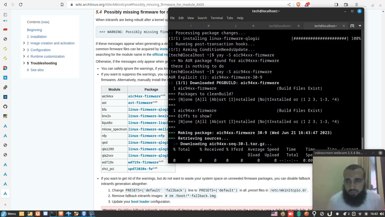 WARNING: Possibly missing firmware for module: 'module_name' resolution on Arch linux