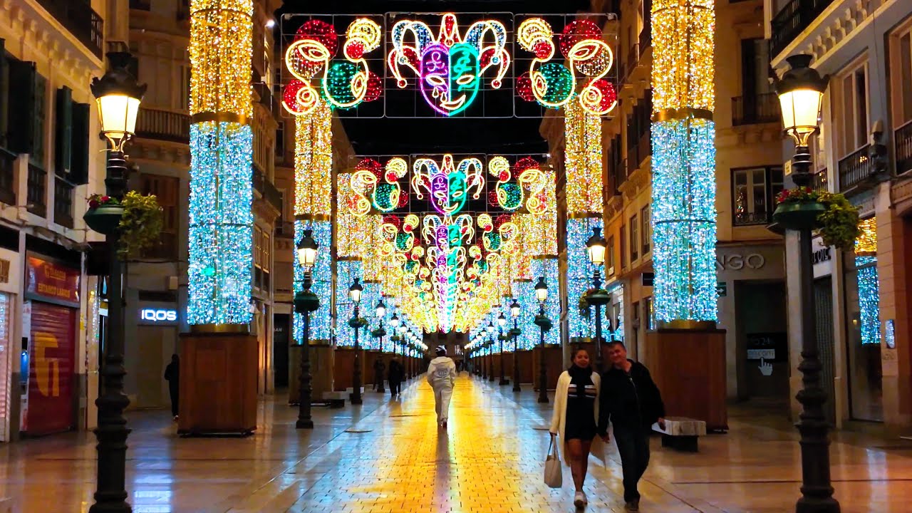 The City Lights Up with Carnival Lights — Calle Larios in Malaga (Andalusia, Costa del Sol, Spain)