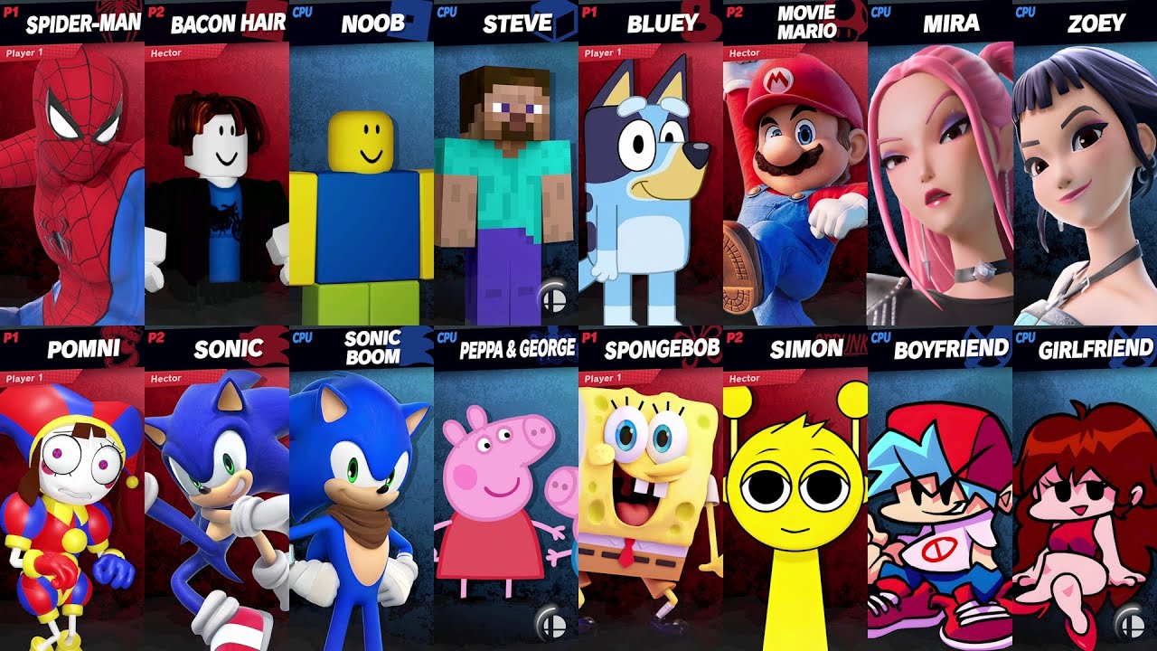 NEW Sonic vs Mario vs Roblox vs Minecraft vs Peppa vs Spider-Man vs Fortnite vs Bluey in Super Smash