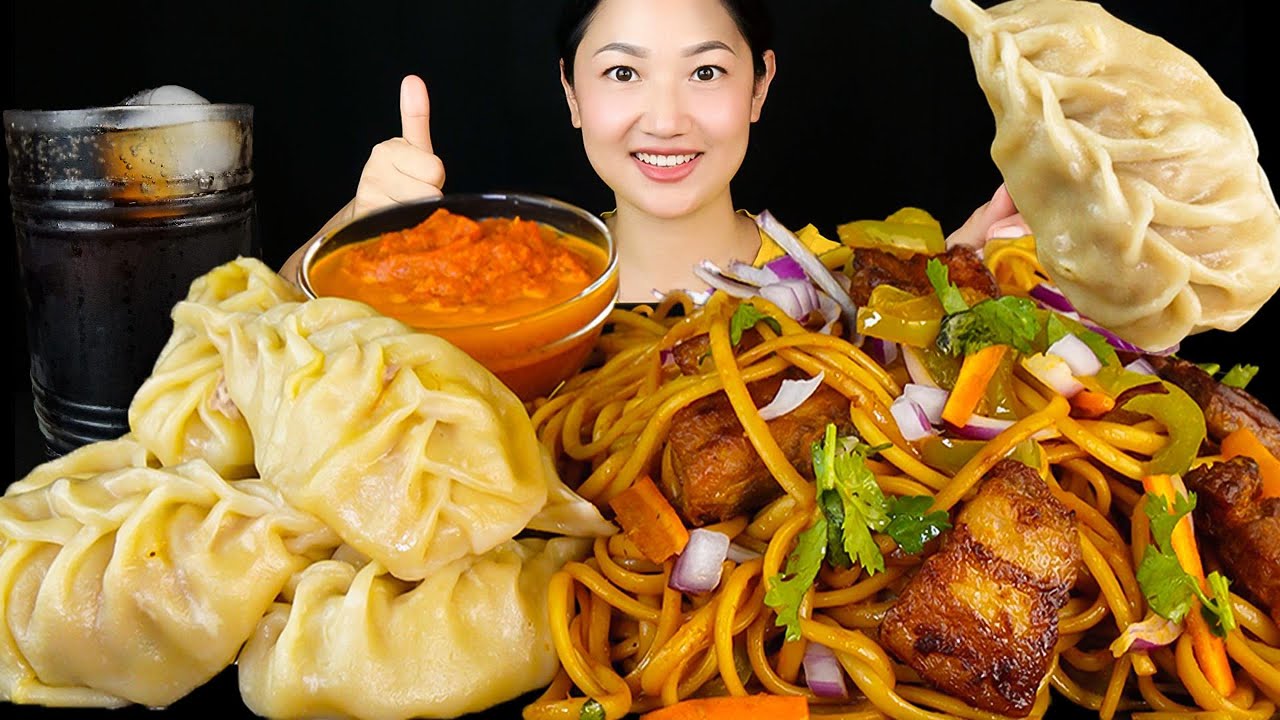 Eating Nepali Pork Chow Mein & Juicy Chicken Momo with Spicy Achar | ASMR Mukbang
