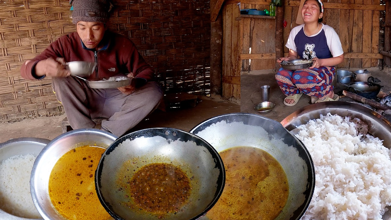 manjita rai cooks grinded dry soybean soup curry for her husband's lunch || Himalayan couple ||