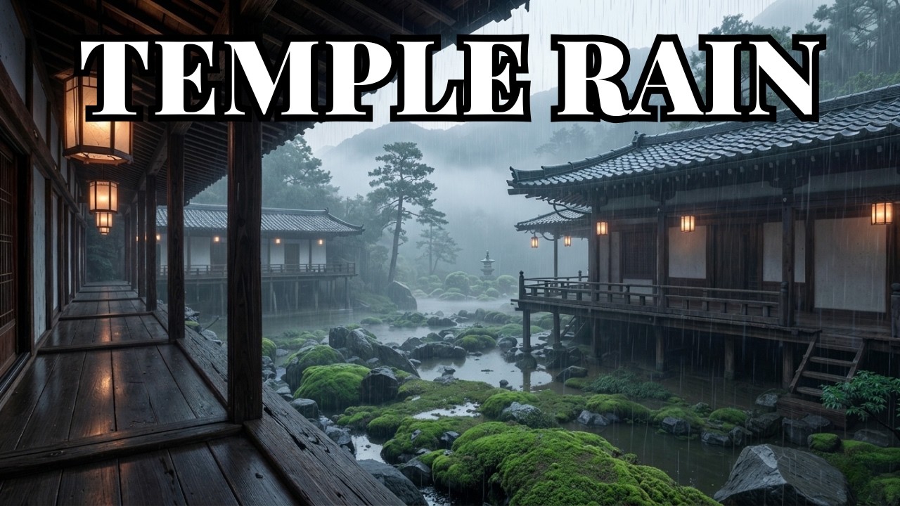 8 Hours of Rain at a Japanese Temple Veranda 🌧️ Zen Garden & Foggy Mountains