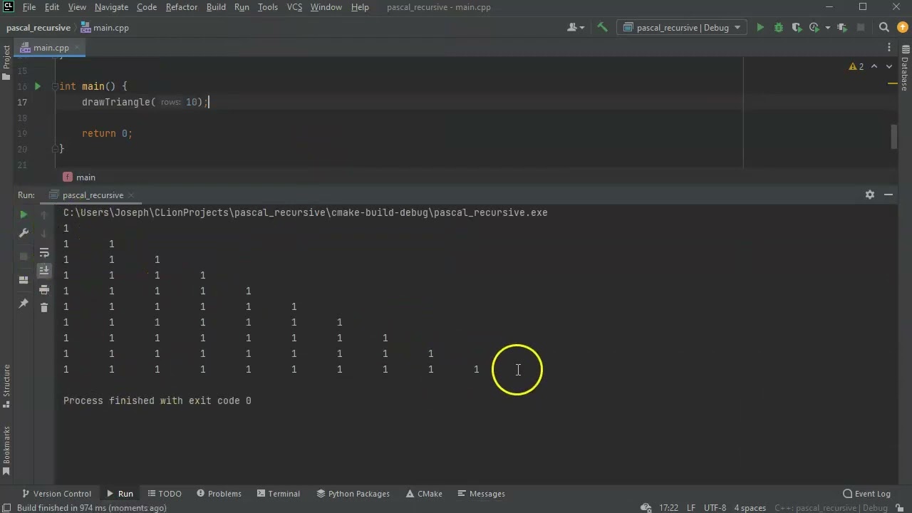 Calculating Pascal's Triangle using recursion in C++