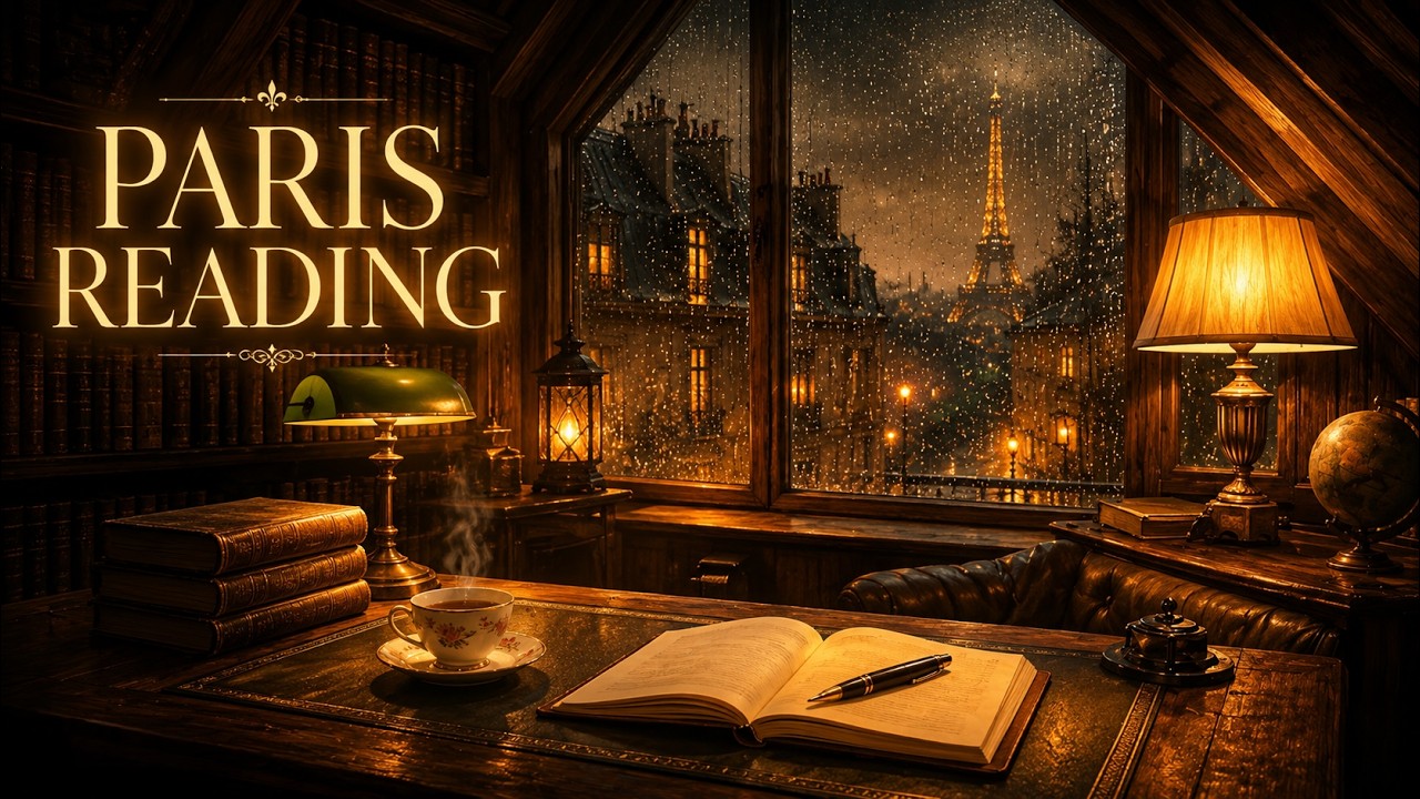 Luxury Parisian Library Rain Ambience 🇫🇷 Cozy Attic Study with Warm Light (3.5 Hours)
