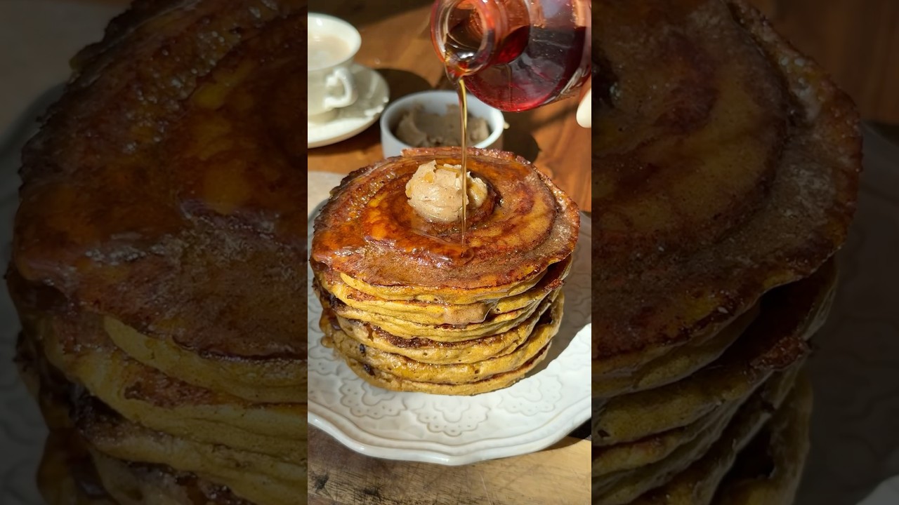 pumpkin cinnamon roll pancakes w/ whipped honey cinnamon butter 🎃🥞🤎🍂 #recipe #fall #pancakes